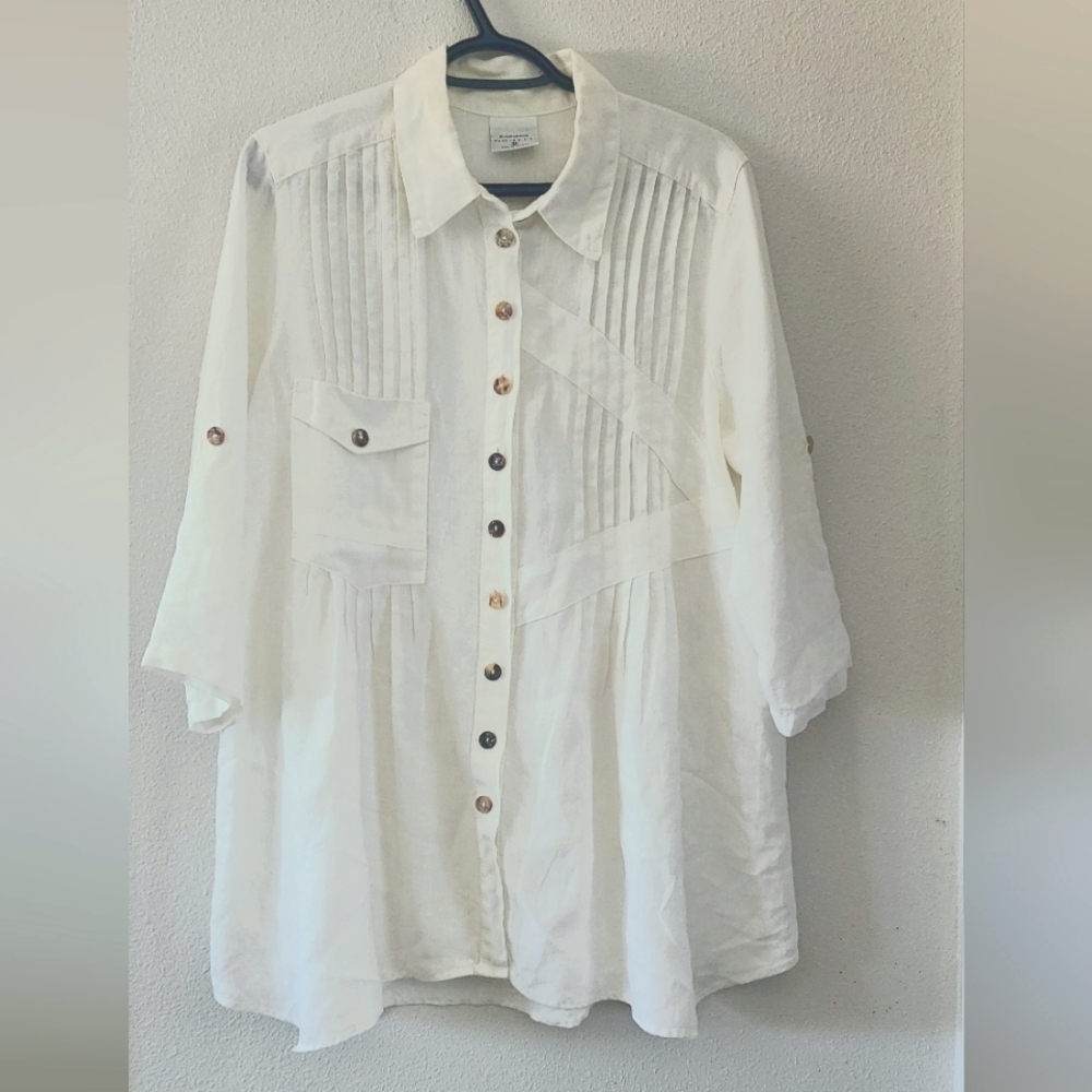 100% Linen Made In USA 3/4 Sleeve White Shirt Dress